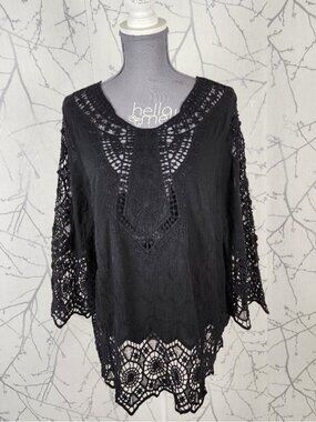 Asha Black Cotton Bohemian Embroidered Lace Crochet Panel Tunic